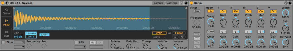 Processing and 808 cowbell with resonator for a chord.