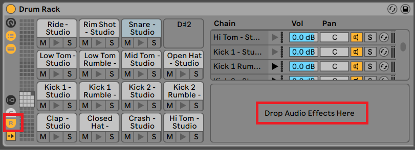 Setting up send effects in a drum rack