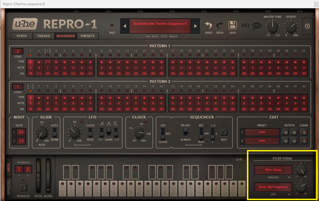 U-He Repro-1 Sequencer And Perform Section highlighted